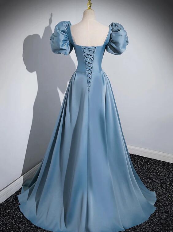 Blue Puff Sleeve Satin Floor Length Prom Dress, Blue A-Line Evening Party Dress