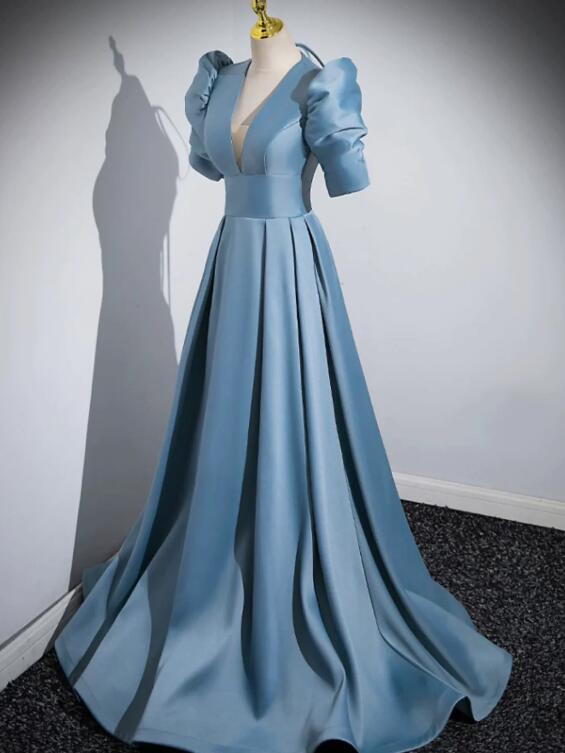 Blue Floor Length V-Neck Satin Prom Dress, Simple A-Line Evening Dress