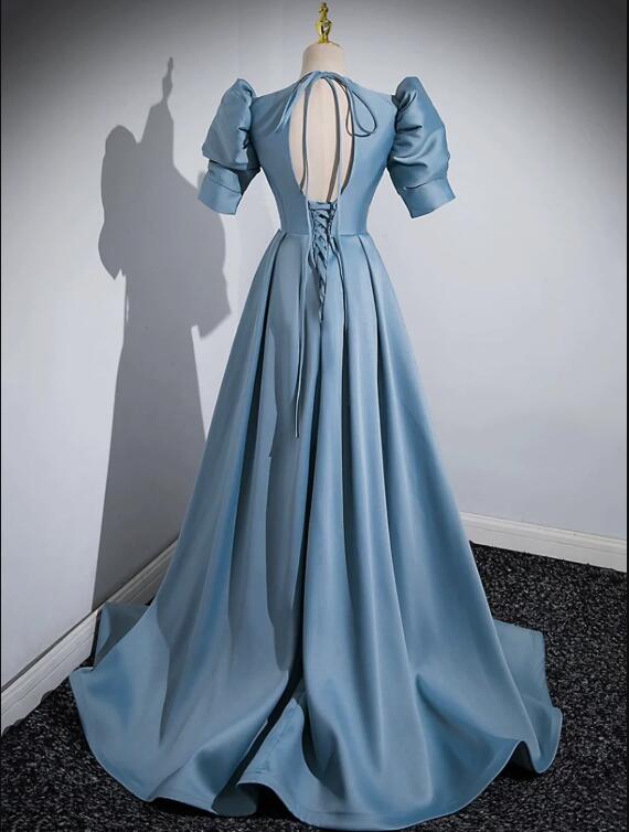 Blue Floor Length V-Neck Satin Prom Dress, Simple A-Line Evening Dress