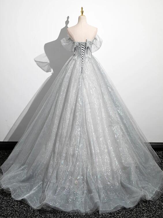 A-Line Off the Shoulder Sparkly Prom Dress, Gray Tulle Corset Floor Length Evening Dress