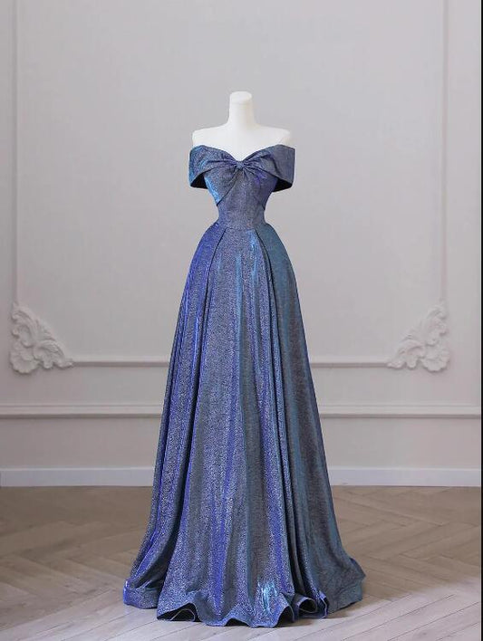 Shiny Off the Shoulder Floor Length Blue A-Line Prom Dress