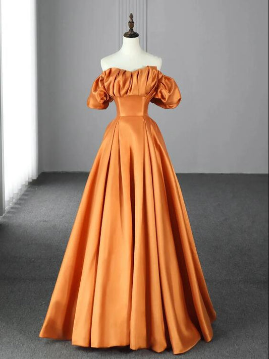 Orange Floor Length Satin Long Prom Dress, Off the Shoulder Evening Party Dress