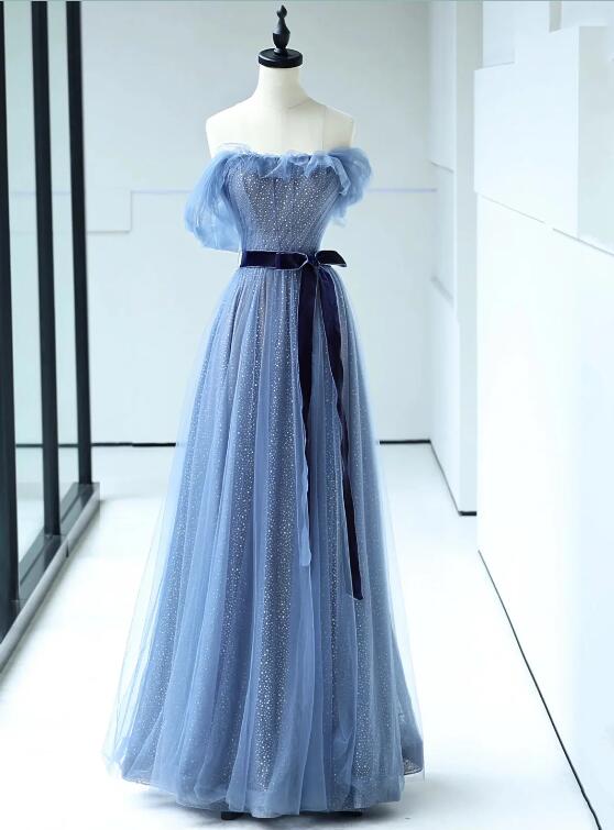 Strapless Tulle Blue Floor Length Prom Dress, A-Line Blue Evening Party Dress