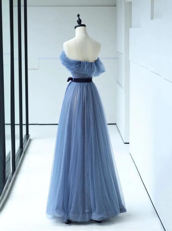 Strapless Tulle Blue Floor Length Prom Dress, A-Line Blue Evening Party Dress