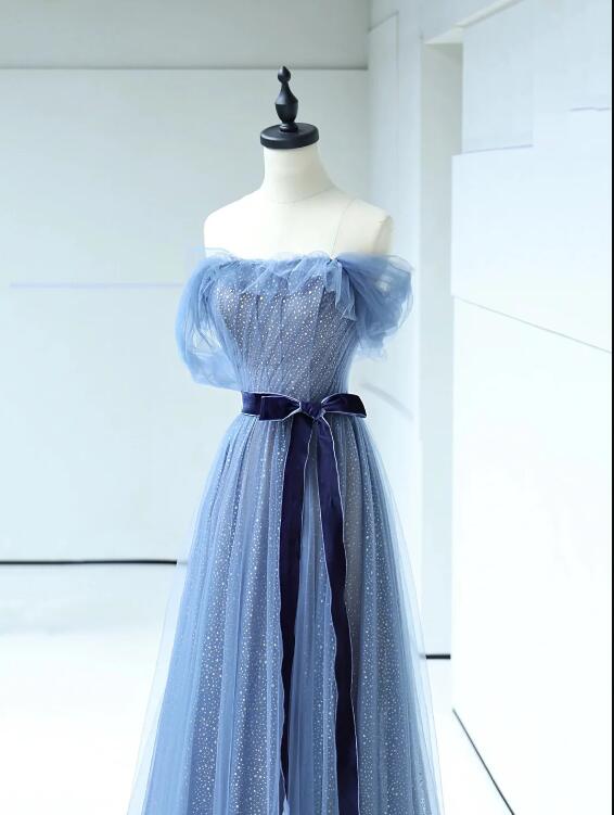 Strapless Tulle Blue Floor Length Prom Dress, A-Line Blue Evening Party Dress