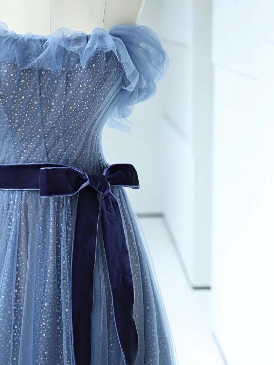 Strapless Tulle Blue Floor Length Prom Dress, A-Line Blue Evening Party Dress