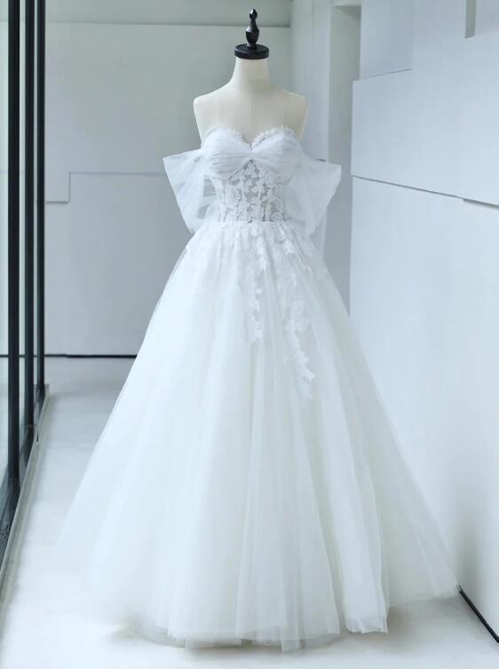 White Tulle Lace Long Prom Dress with Corset, Off the Shoulder Sweetheart Evening Dress