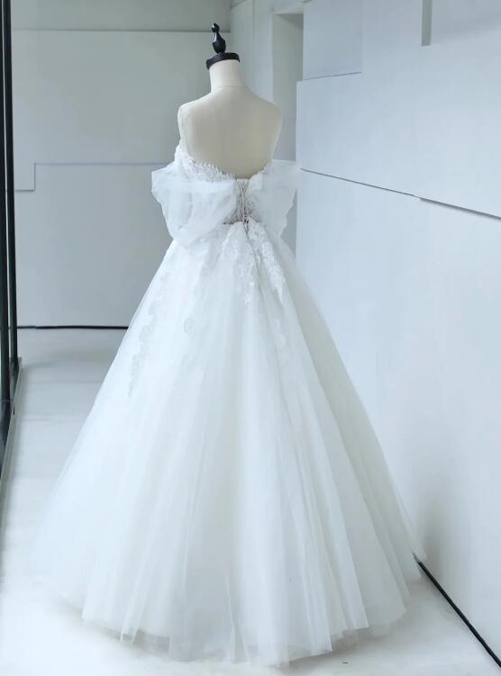 White Tulle Lace Long Prom Dress with Corset, Off the Shoulder Sweetheart Evening Dress