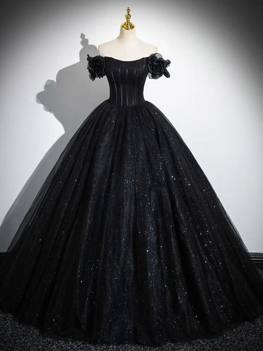 Sparkly Tulle Black Sweetheart Ball Gown, A-Line Off the Shoulder Evening Dress