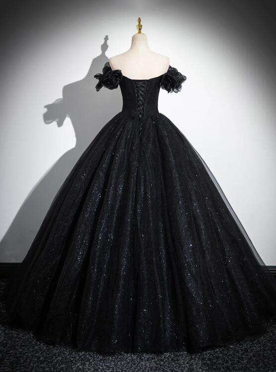 Sparkly Tulle Black Sweetheart Ball Gown, A-Line Off the Shoulder Evening Dress