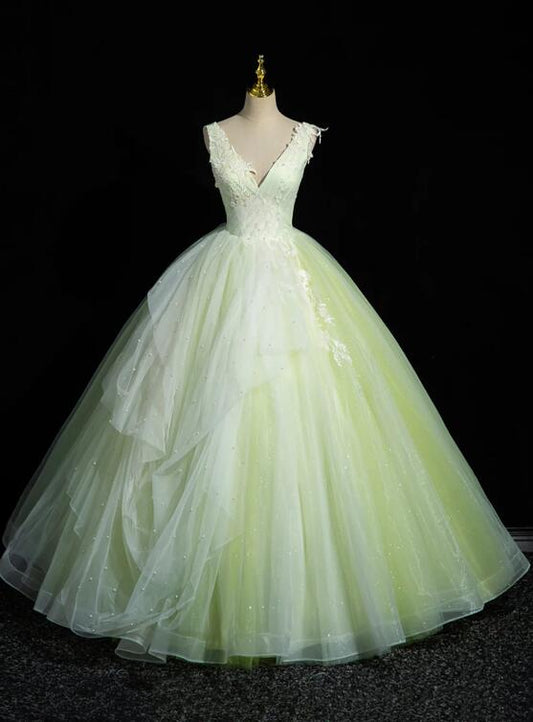 Green V-Neck Tulle Lace Long Prom Dress, A-Line Sleeveless Evening Dress