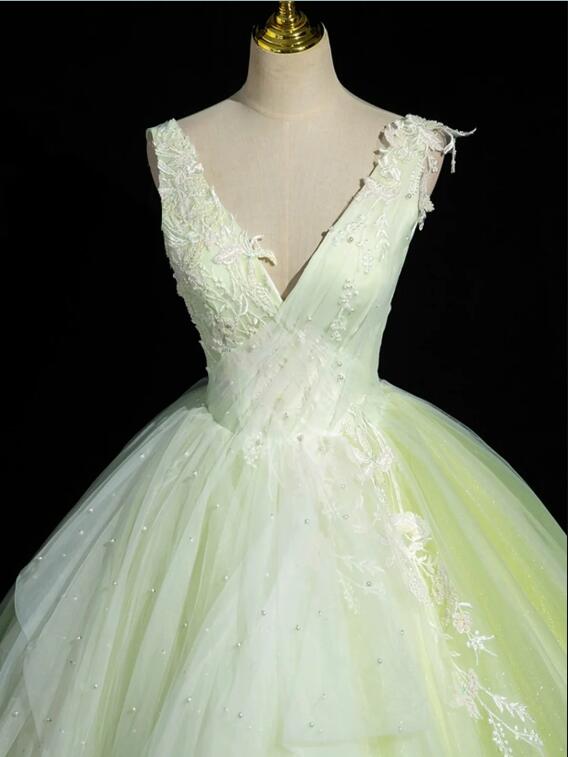 Green V-Neck Tulle Lace Long Prom Dress, A-Line Sleeveless Evening Dress