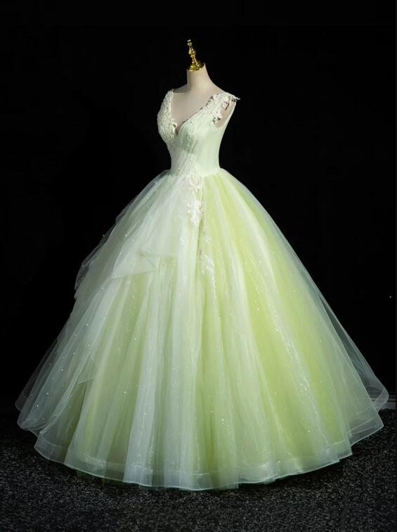 Green V-Neck Tulle Lace Long Prom Dress, A-Line Sleeveless Evening Dress