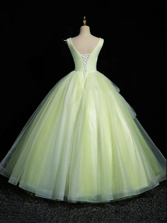 Green V-Neck Tulle Lace Long Prom Dress, A-Line Sleeveless Evening Dress