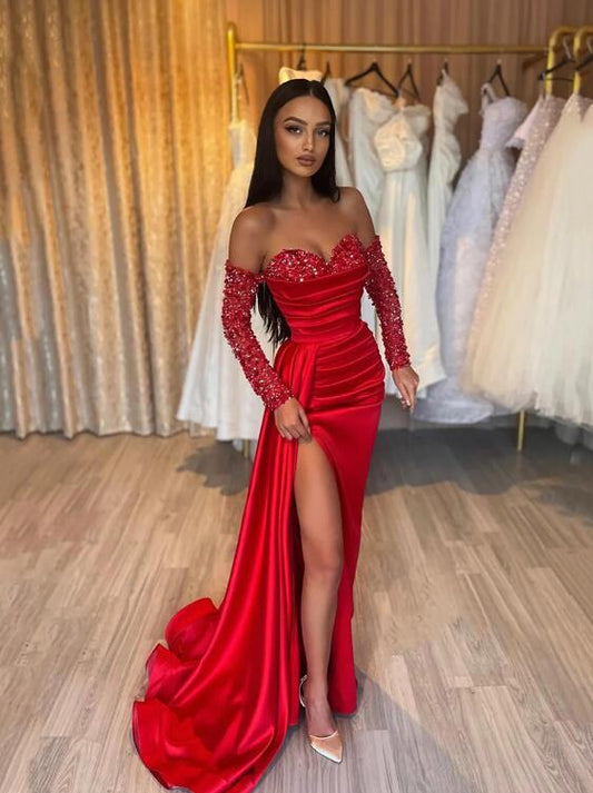 Red Sheath Sweetheart Sequins Prom Dress, Long Sleeves Red Formal Dress