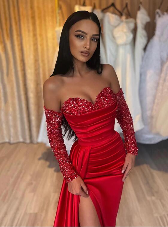 Red Sheath Sweetheart Sequins Prom Dress, Long Sleeves Red Formal Dress