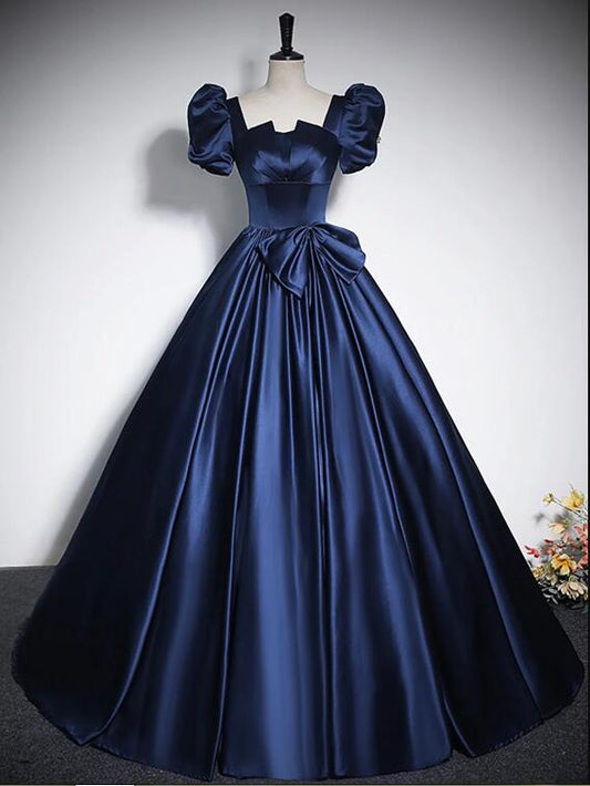 Elegant Blue Satin Floor-Length Prom Dresses, Square Neckline Puffy Short Sleeve Bow Formal Dresses