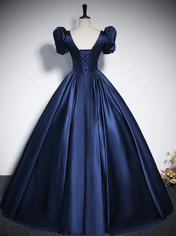 Elegant Blue Satin Floor-Length Prom Dresses, Square Neckline Puffy Short Sleeve Bow Formal Dresses