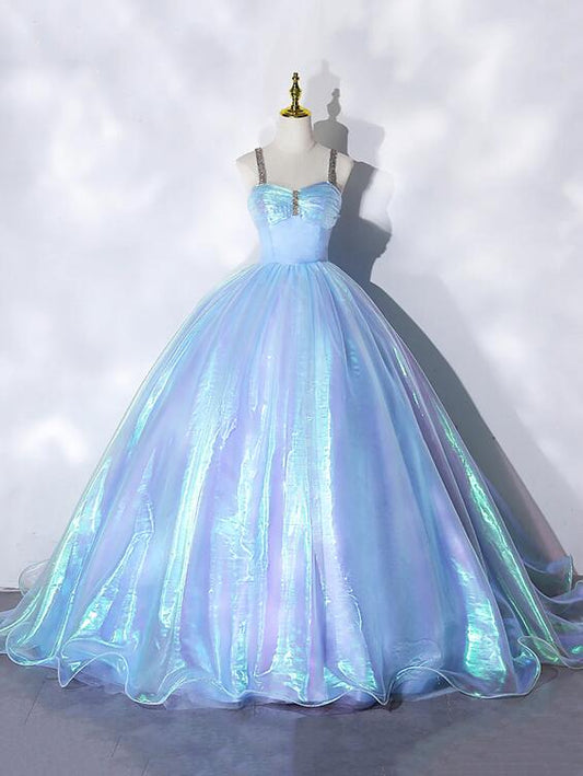 Beautiful Shiny Blue Tulle Long Formal Dress, A-Line Spaghetti Strap Sweetheart Princess Dress