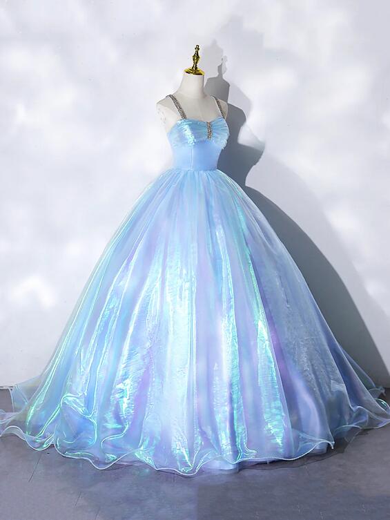 Beautiful Shiny Blue Tulle Long Formal Dress, A-Line Spaghetti Strap Sweetheart Princess Dress