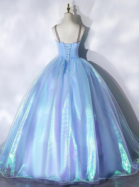 Beautiful Shiny Blue Tulle Long Formal Dress, A-Line Spaghetti Strap Sweetheart Princess Dress