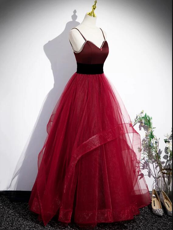 Burgundy Spaghetti Strap Tulle Long Corset Prom Dress, A-Line Evening Party Dress