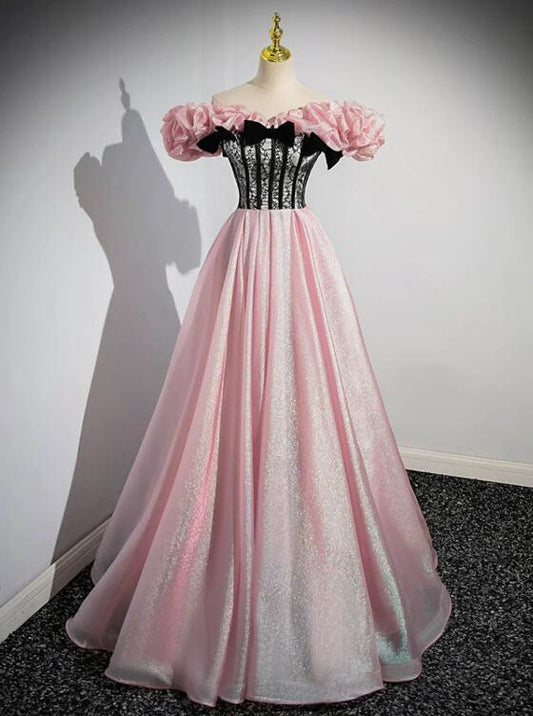 A-Line Shiny Tulle Long Pink Corset Prom Dress, Off the Shoulder Pink Evening Dress