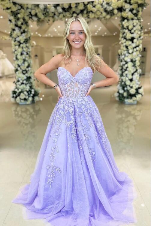 Lavender Strapless Lace A-line Tulle Floor Length Prom Dress