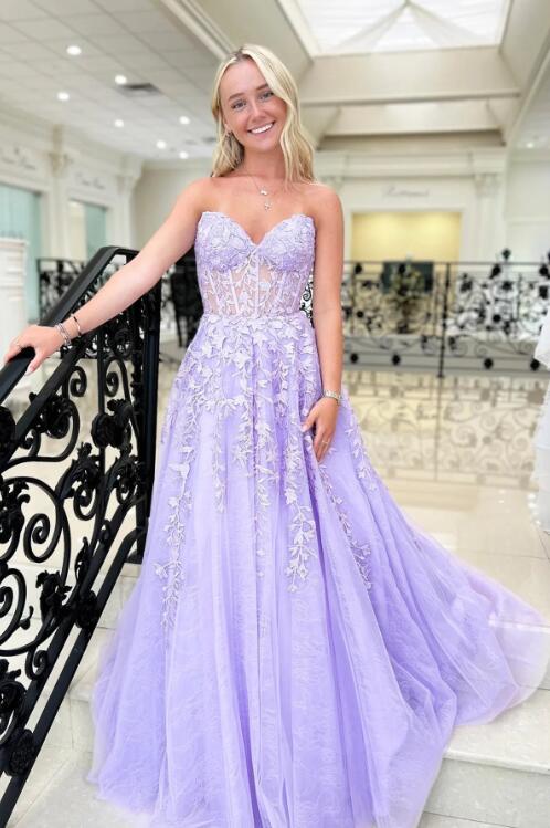 Lavender Strapless Lace A-line Tulle Floor Length Prom Dress