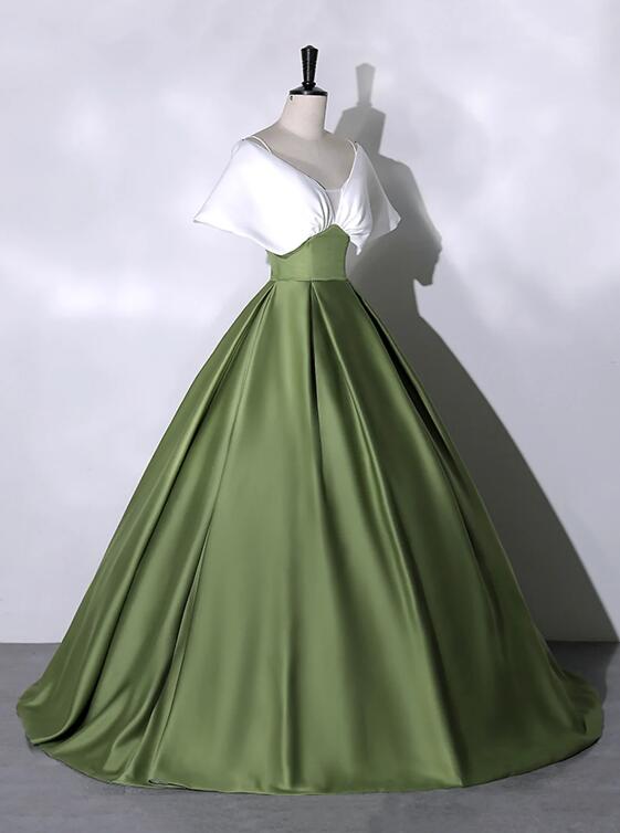 White+Green Satin Floor Length Prom Dress, V-Neck Off the Shoulder Evening Dress