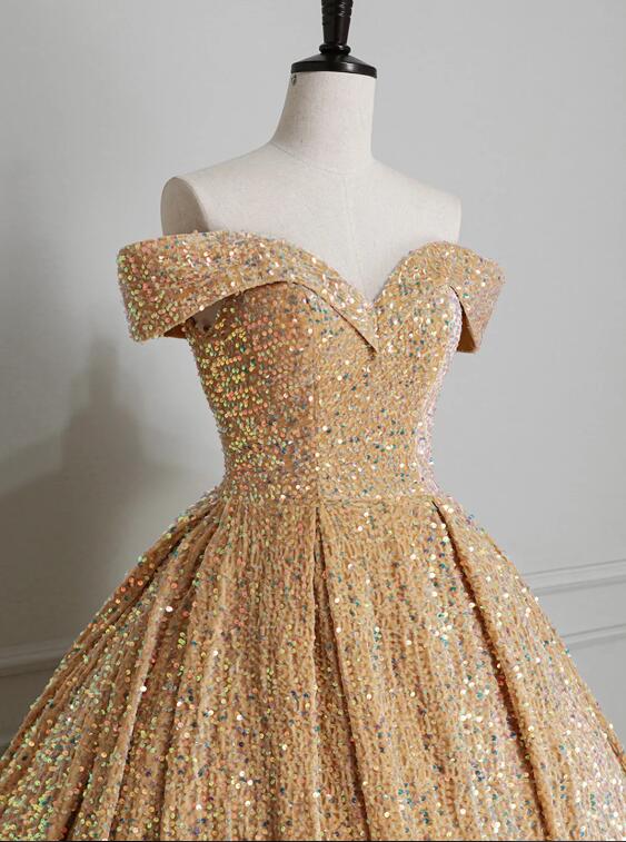 Sparkly Sequin Off the Shoulder Prom Dress, A-line Floor Length Evening Dress