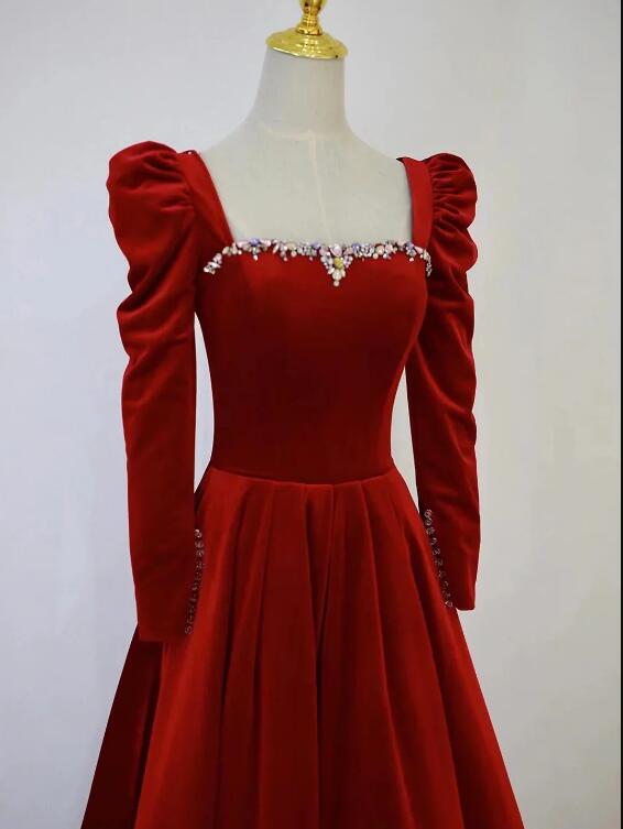 A-Line Long Sleeve Velvet Floor Length Prom Dress, Burgundy Formal Evening Dress