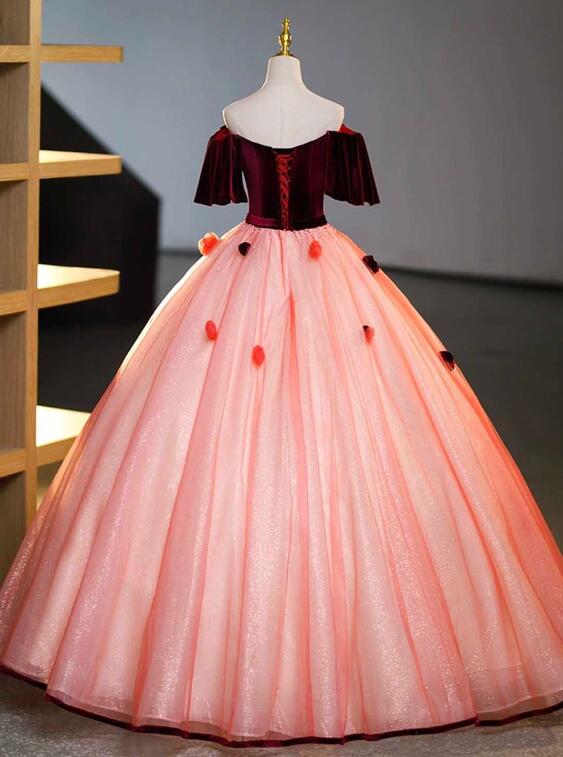 Burgundy Velvet Tulle Long Formal Dress, Off the Shoulder Sweet Flower Party Dress