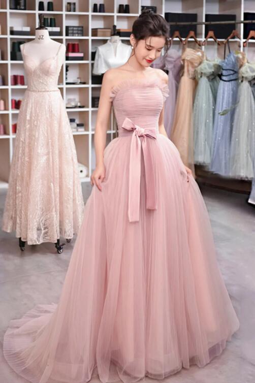 Pink Strapless Tulle Long Prom Dress, Sweet A-Line Party Evening Dress