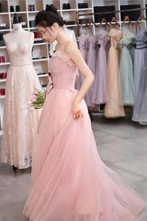 Pink Strapless Tulle Long Prom Dress, Sweet A-Line Party Evening Dress