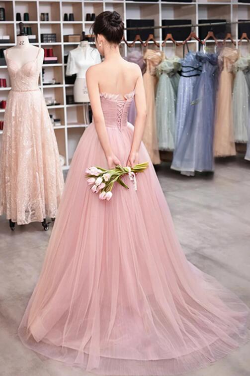 Pink Strapless Tulle Long Prom Dress, Sweet A-Line Party Evening Dress