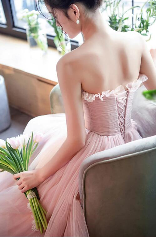 Pink Strapless Tulle Long Prom Dress, Sweet A-Line Party Evening Dress