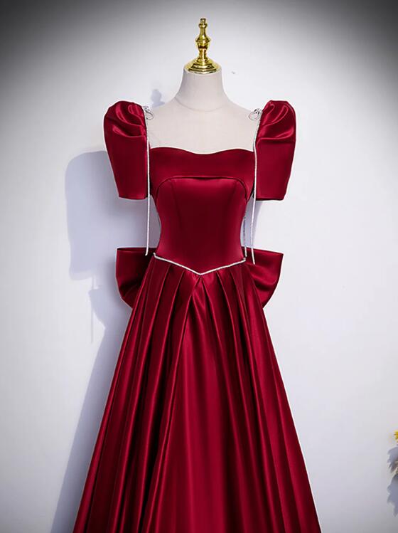 Beautiful Satin Floor Length Prom Dress with Bowknot, Burgundy Short Sleeve Evening Dress