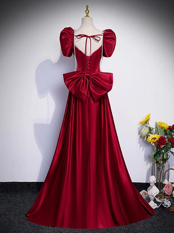 Beautiful Satin Floor Length Prom Dress with Bowknot, Burgundy Short Sleeve Evening Dress