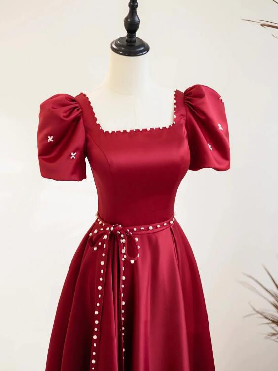 Burgundy Satin Short Sleeve Floor Length Prom Dress, Burgundy Evening Dress with Pearls