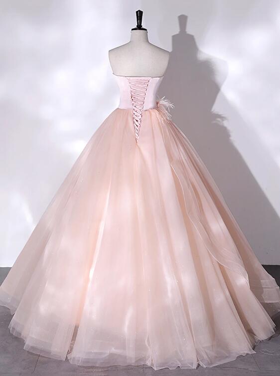 Pink Strapless Tulle Long Formal Dress, Pink A-line Prom Dress with Feathers