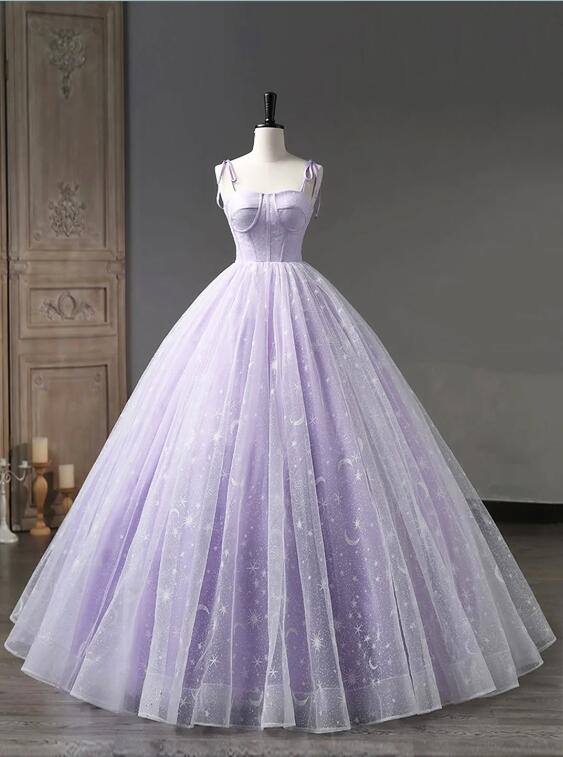 Light Purple Tulle Straps Long Prom Dress, Purple A-Line Princess Dress