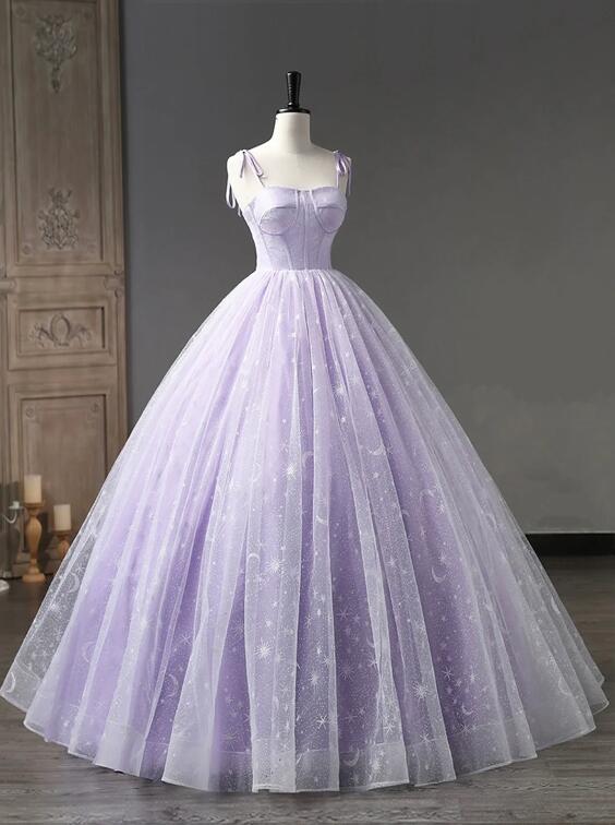 Light Purple Tulle Straps Long Prom Dress, Purple A-Line Princess Dress