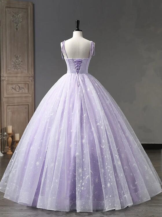 Light Purple Tulle Straps Long Prom Dress, Purple A-Line Princess Dress