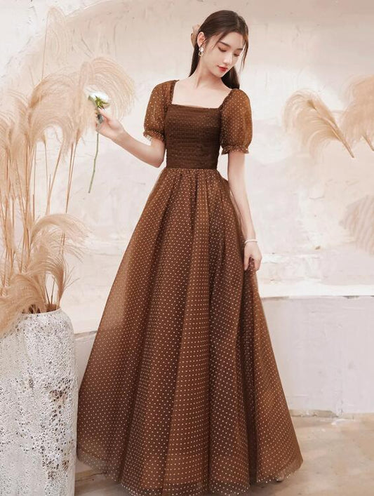 Charming Brown Tulle Floor Length Prom Dress, A-Line Short Sleeve Evening Party Dress