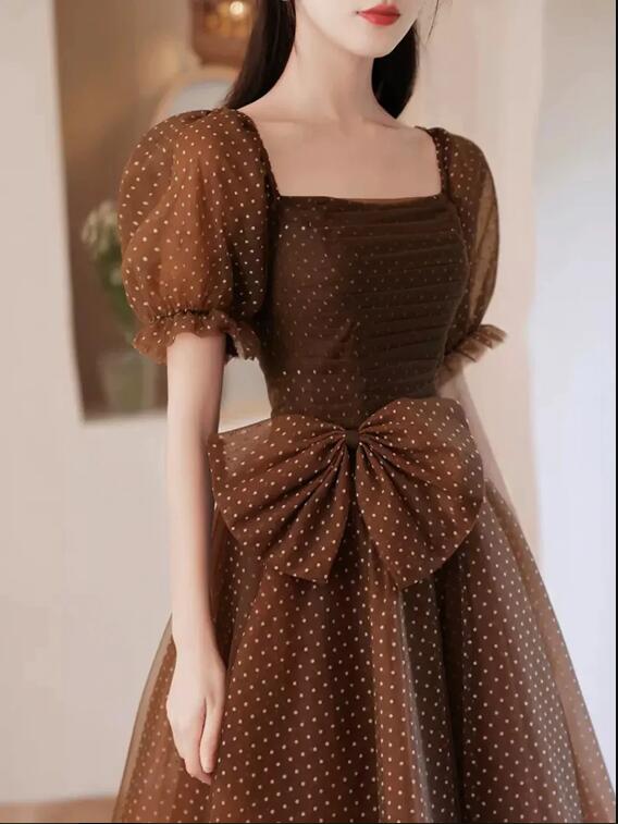 Charming Brown Tulle Floor Length Prom Dress, A-Line Short Sleeve Evening Party Dress