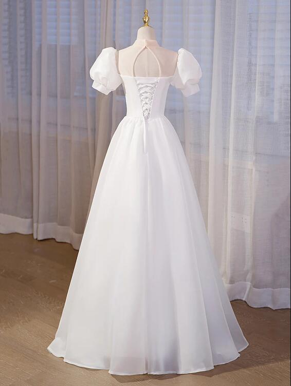 Elegant White Tulle Appliques Long Prom Dress, White High Neck A-Line Evening Dress