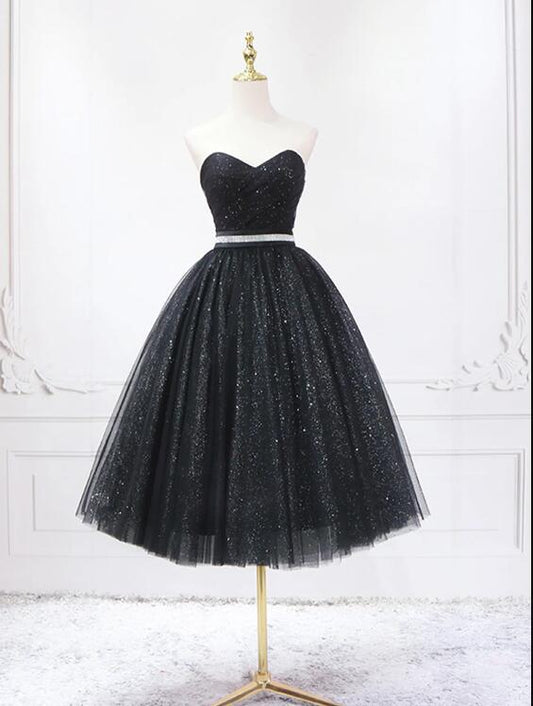 Black Shiny Tulle Tea Length Prom Dress, Black Strapless A-Line Party Dress