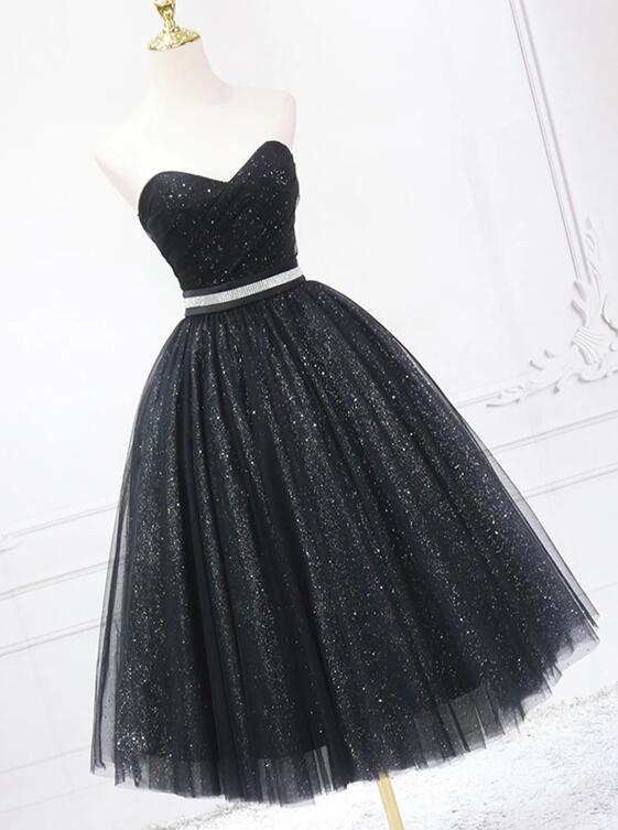 Black Shiny Tulle Tea Length Prom Dress, Black Strapless A-Line Party Dress