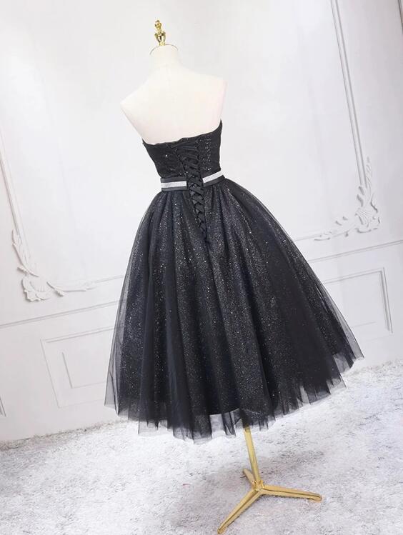 Black Shiny Tulle Tea Length Prom Dress, Black Strapless A-Line Party Dress